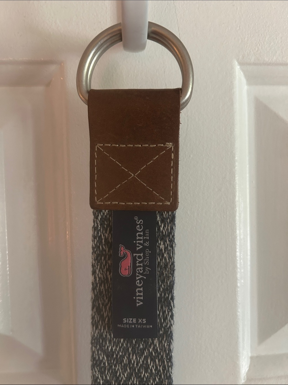 Vineyard Vines Blue and White Cotton Fabric Belt with Brown Leather Accents